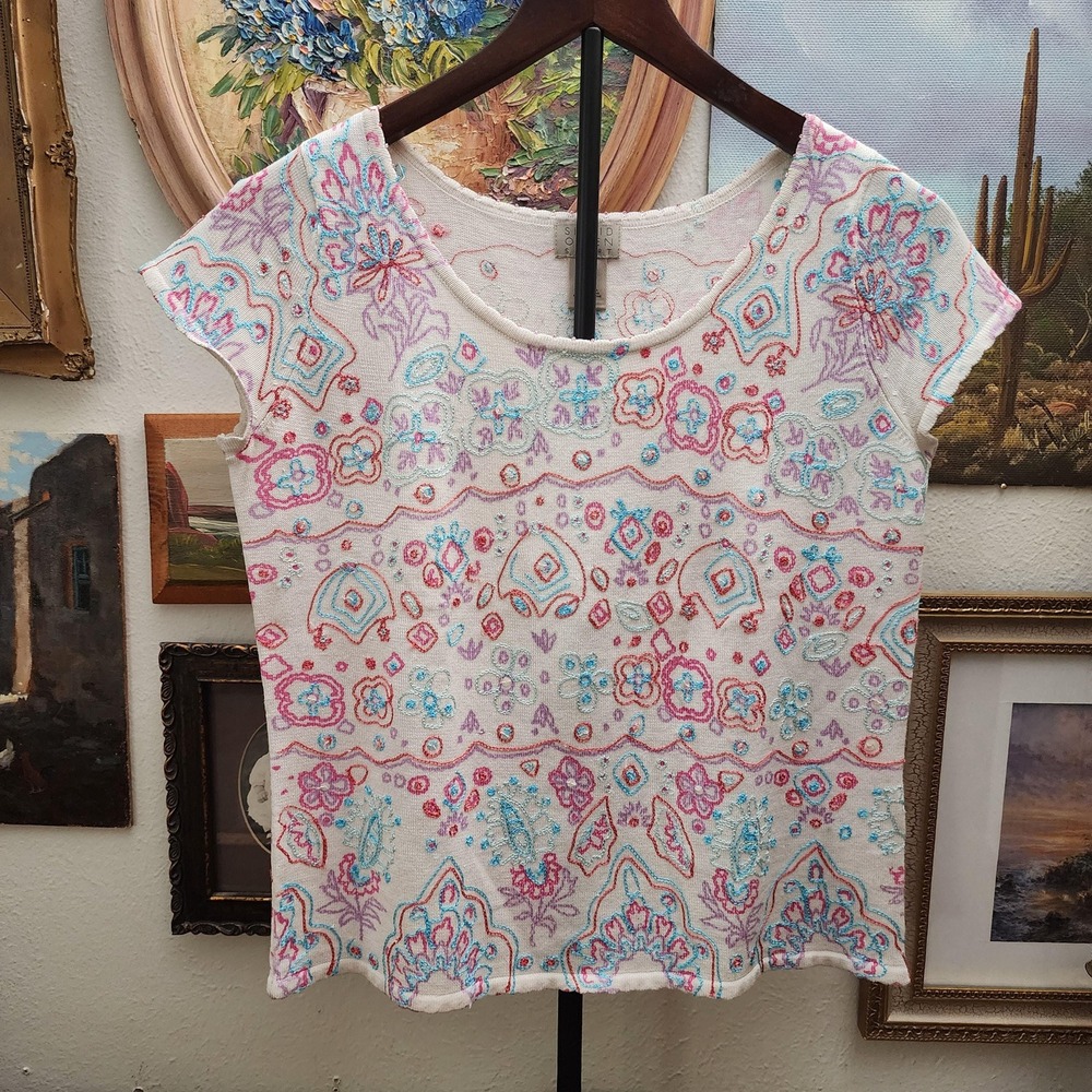Y2K Pink and Blue Abstract Embroidered Boho Short Sleeve Vintage Top